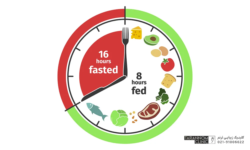 یک بشقاب که نشان داده شده که توی 8 ساعت چی بخوریم و 16 ساعت با رنگ قرمز مشخص کره که چیزی نخوریم